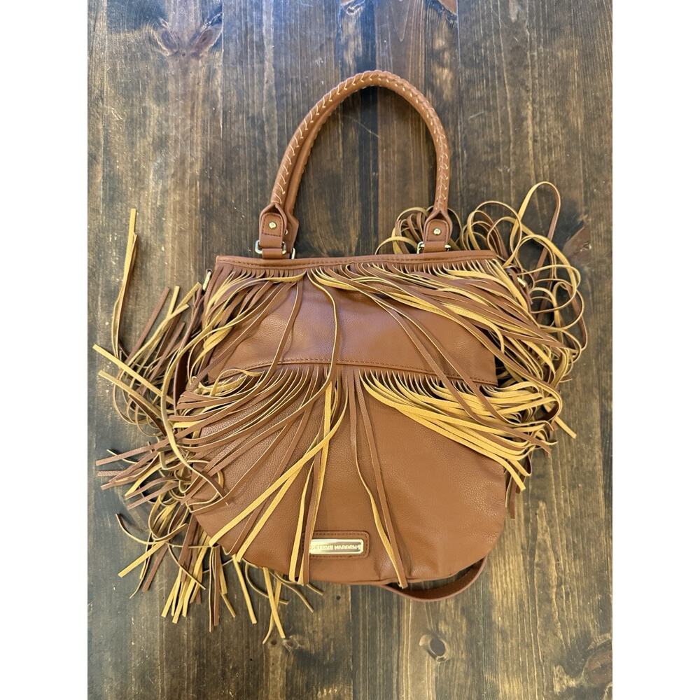 Steve Madden Tan Crossbody Fringed Tote Bag Snap Closure Adjustable Strap - Picture 2 of 10